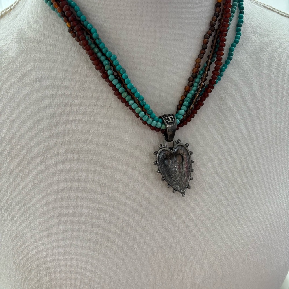 Bohemian Beaded Necklace Silver Tone Heart Pendant Coastal Cowgirl Turquoise - Picture 5 of 7